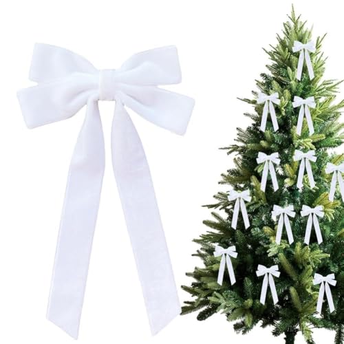 12 rote Samtband-Schleifen, Weihnachtsbaumschmuck, Weihnachten, Samt, rustikales Handwerk, Geschenkband für Innen- und Außenbereich, Haustürdekoration (Weiß, 12 Stück) von Generisch