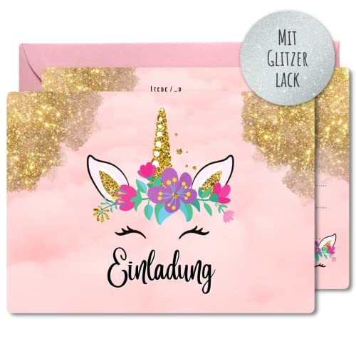 12x EINLADUNGSKARTEN+Umschläge Kindergeburtstag, Party–süße Karten mit Einhorn Motiv–Die Glitzer Karten sind die perfekte Einladung zur Geburtstagsfeier–für echte Einhorn Fans, Rosa, Gold, Glitzer von Generisch