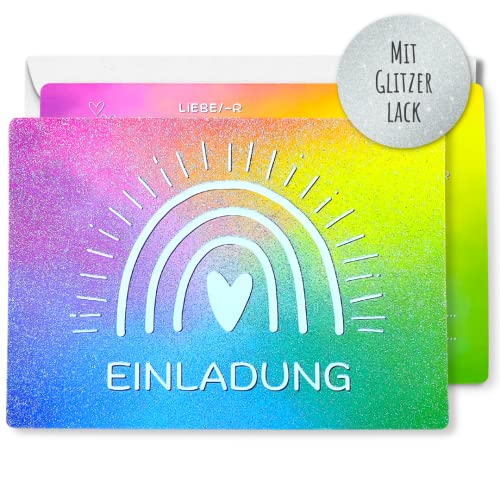 Generisch 12x EINLADUNGSKARTEN +Umschläge mit buntem Glitzer Regenbogen Design in Hochglanzoptik für süße coole Mädchen & Jungen Kindergeburtstag Pary von Generisch