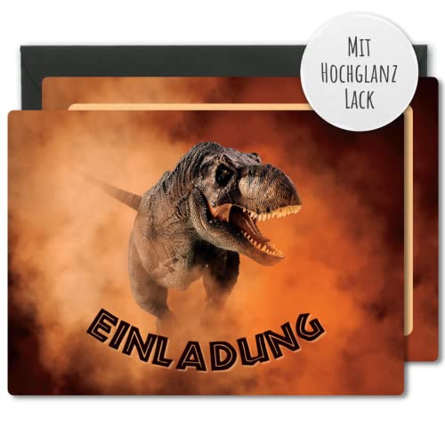 12x EINLADUNGSKARTEN + passende Umschläge für Jungen Kindergeburtstag und Feier – coole Karten für Dinosaurier Fans – Diese Karten sind die perfekte Einladung zur nächsten Party, Orange, Schwarz von InvaXe