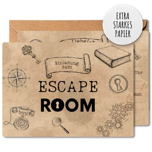 12x EINLADUNGSKARTEN +Umschläge mit coolem Escape Room Design in Hochglanzoptik - die perfekte Einladung zur nächsten Exit Game Party von Generisch