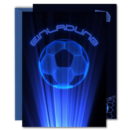 12x EINLADUNGSKARTEN im coolen Fußball Design mit silberglänzendem Chromkarton für die nächste Jungen & Mädchen Kindergeburtstag Fußball Party inkl. 12 blauen Umschlägen von Generisch