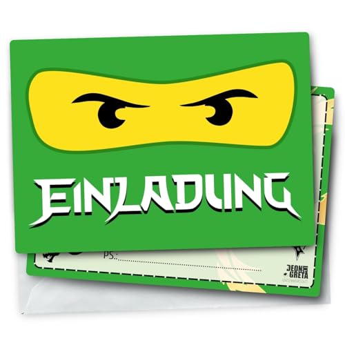 12x EINLADUNGSKARTEN inkl. passender Umschläge für Kindergeburtstag & Co. - Karten Set mit grünem NINJA - Lloyd Motiv - Cartoon-Thema von Generisch