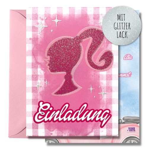 12x Glitzer EINLADUNGSKARTEN +Umschläge (rosa) für PARTY und KINDERGEBURTSTAG - die Karten im rosa Puppen Prinzessin Silhouetten Design sind die EINLADUNG für Mädchen zum GEBURTSTAG & KINDERPARTY von Generisch