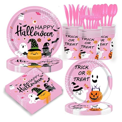 141-teiliges rosa Halloween-Partyteller-Set – Dekorationsset, Kürbis, Skelett, Geist, Hexe, Tischdekoration für Kinder, Halloween-Tischdekoration, Horror-Partyteller (Paket-E) von Generisch