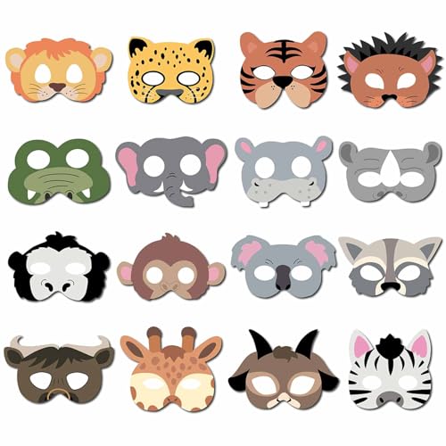 16 Stück Tiermasken Tierkostüm Partygeschenke mit 16 verschiedenen Tiergesichten für Streichelzoo Bauernhaus Dschungel Safari Thema Geburtstag Party Masken Verkleiden Party Supplies Tiermasken von Generisch