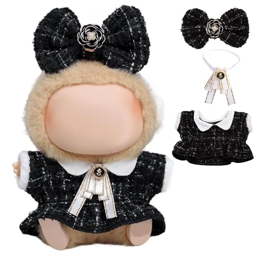 17 cm Puppenkleidung - Luxuriöses schickes Stil-Set für 17 cm große Puppen, Premium-Puppen-Outfit mit Zubehör, schwarzes kariertes Tweed-Kleid + weiße Krawatte + karierte Schleife (nur Kleidung) von Generisch