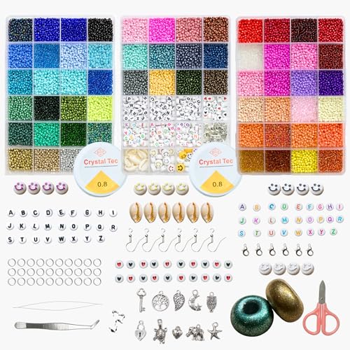 18 000 Stück 3mm Glasperlen mit 260 Buchstabenperlen+150 Zubehör,Perlen zum Auffädeln,Perlenset, Ohrringe,DIY Schmuck,Geschenkidee,Armbänder selber machen,Weihnachten,Basteln von Generisch