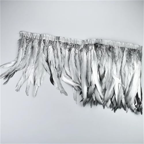 2 Meter Hahnfedern auf Klebeband, Quaste, Fransenband, Feder, Kleidung, Dekoration, Spray, silberfarben, 20–25 cm von Generisch