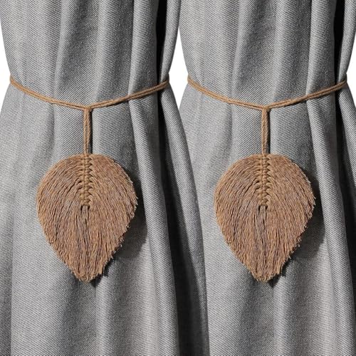 2 Stück Raffhalter Boho Vorhanghalter, Blätter Baumwolle Makramee Gardinenhalter, Gardinenhalter Vorhang Clips Feder Gardinenklammern für Vorhänge Gardinen Deko (Grau) von Generisch