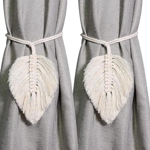 2 Stück Raffhalter Boho Vorhanghalter, Blätter Baumwolle Makramee Gardinenhalter, Gardinenhalter Vorhang Clips Feder Gardinenklammern für Vorhänge Gardinen Deko (Weiß) von Generisch