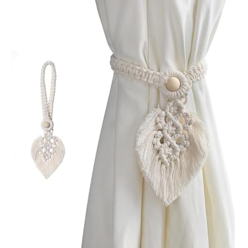 2 Stück Raffhalter Boho Vorhanghalter, Blätter Baumwolle Makramee Gardinenhalter, Gardinenhalter Vorhang Clips Feder Gardinenklammern für Vorhänge Gardinen Deko (Weiß-Verdickung) von Generisch