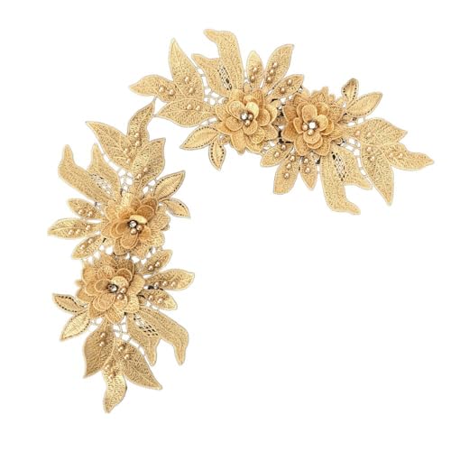 2 x Kleideraufnäher, multifunktional, Polyester, Perlenapplikation, Stoffaufkleber, hohl, Kleidungsapplikation für Kleid, Kostüme (Gold) von Generisch