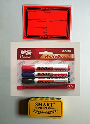 20 laminierte Preisschilder 111 x 154 mm neon-rot + 3 Marker + 1 Schwamm zum Löschen für Obst und Gemüse mit Aufdruck von Generisch