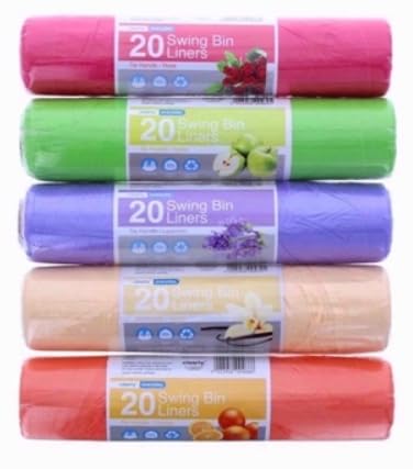 20 x je Packung duftende, extra starke Schwing-Müllbeutel mit Griffen zum Binden, mehrfarbig, 50 Liter – Zuhause, Büro, Küche, Bad (100 Beutel) von Generisch