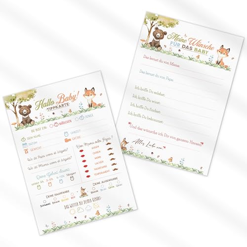 20x Waldtiere Baby Tippkarten | Babyparty Spiel | Baby Ratespiel | Babyparty Ausfüllkarten | Wunschkarten | Babyshower Geschenk | Babytippkarten | DIN A5 | Karten zum Ausfüllen | Beidseitig bedruckt von Generisch