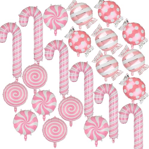 22 x Weihnachtsballons mit Zuckerstangen-Motiv, rosa Pfefferminze, Weihnachtsballon, Wirbeln, Mylar-Schleife, Candyland-Ballon, Süßigkeiten, Themen-Dekoration, Geburtstagsparty-Zubehör von Generisch