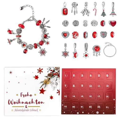 Woderctia Adventskalender Schmuck 2023, Adventskalender Rot Schmuck Anhänger Glasperlen mit Ketten und Armband, Weihnachtskalender Schmuck für Weihnachten Geschenke DIY von Generisch