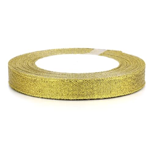25 Yards/Lot 0,6–5 cm natürliches Satinband in Gold und Silber mit Glitzer for DIY-Schleifen, Bastelarbeiten, Geschenkverpackungen, Blumensträuße, Partys, Weihnachtsdekoration(Gold 1.2cm) von Generisch