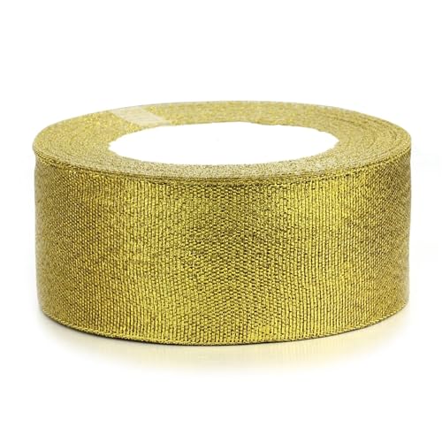 25 Yards/Lot 0,6–5 cm natürliches Satinband in Gold und Silber mit Glitzer for DIY-Schleifen, Bastelarbeiten, Geschenkverpackungen, Blumensträuße, Partys, Weihnachtsdekoration(Gold 4.0cm) von Generisch