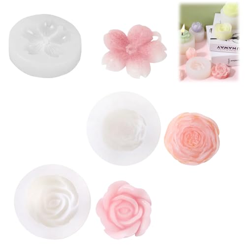 3 Stück 3D Silikonformen gießformen blumen, Rosen Nelke Pfingstrose Silikonformen, Blumen Kerzenform Gießformen Kerzen für die Herstellung von handgefertigten Duftkerzen, Seifen, Gips Harzhandwerk von Generisch