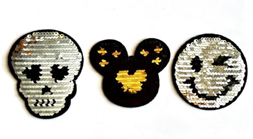 3 Stück Iron-On Patch Smiley Micky Totenkopf Pailleten Patches mit umkehrbaren Pailletten PA-142 von Generisch