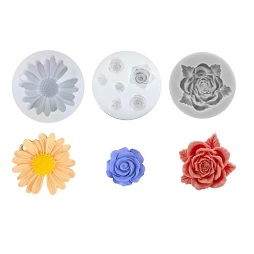 3 Stück Kerzen Silikonformen, 3D Silikonform Pfingstrose Daisy Rose, Blumen Kerzengießform Silikon DIY Seifenformen Gießformen für Handgemachte Kerzen von Generisch