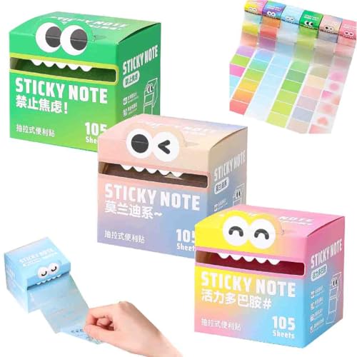 3 Stück Nettes Monstermuster Klebriger Note,105 Blatt Perlglanz-Haftnotizen,herausziehbar,Bunt Cartoon Tiere Haftnotizen,Seitenmarker,Notes selbstklebende Moderationskarten,Registerkarte (A+B+C) von Generisch