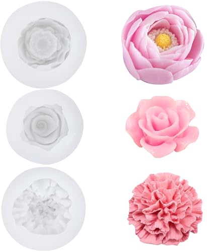 3 Stück kerzen formen, silikonform blumen, silikonform blütenkugel, silikonformen gießformen blumen, Silikonform Kerzen, Rosen Nelke pfingstrosen Kerzenformen zum Gießen 3D Blumen (3) von Generisch