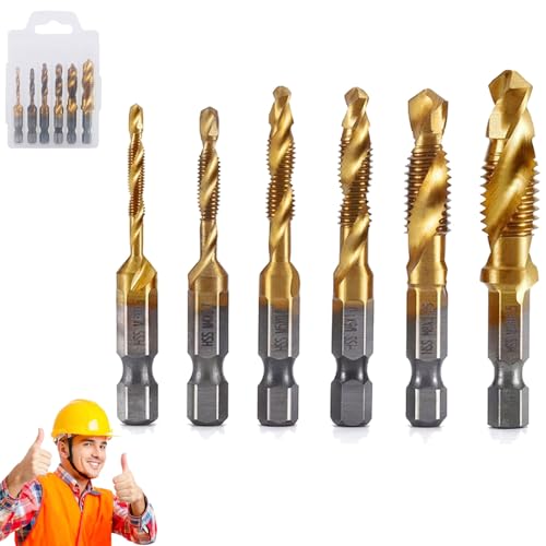 3 in 1 Spiral Tap Hex Shank Drill Bit Set, M3/M4/M5/M6/M8/M10 Drill Bits High Speed Steel, Professional Thread Tap Drill Bit Set, Power Tool Accessories (Gold short style) von Generisch
