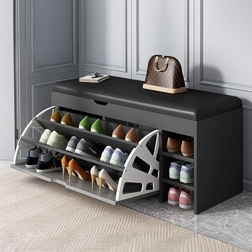 3-stöckige Schuhbank mit gepolstertem Sitzkissen aus Holz, Eingangsbereich, Ottomane, Flur, Kommode für Schlafzimmer, Dunkelgrau, 100 cm von Generisch
