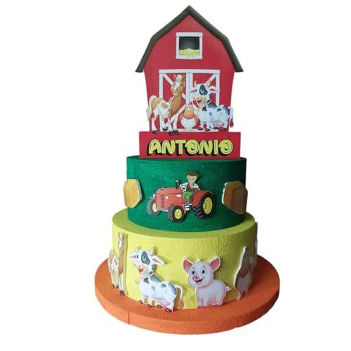 3-stöckiger Bauernhof-Torte, personalisierbare Partydekoration mit Namen Antonio, Basis aus Polystyrol, Design mit Traktor und Traktor von Generisch
