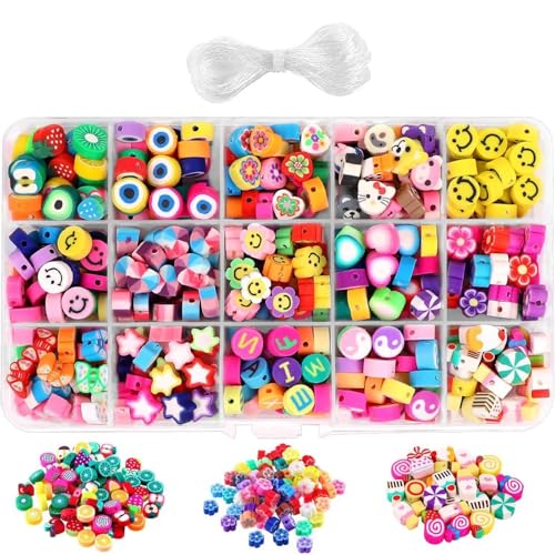 300 Stück Frucht-Smiley-Perlen, handgefertigte Polymer-Ton-Perlen, 15 Stile, Blumen-Buchstaben-Perlen, weiche Perlen für Damen und Mädchen, Schmuckherstellung, DIY-Armband, Halskette, Ohrring-Zubehör von Generisch