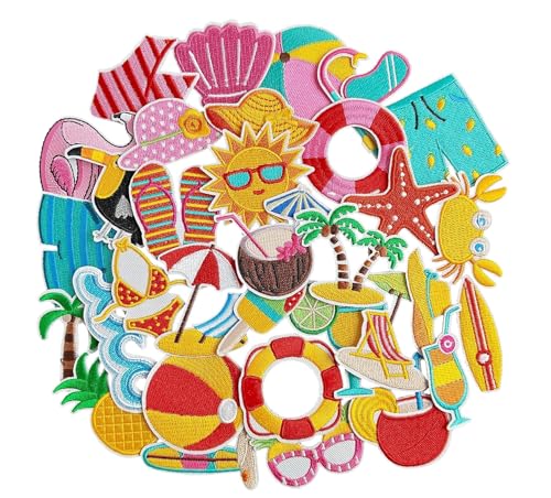 33 Stück Sommer-Bügelflicken – bunte Strand- und tropische bestickte Applikationen für Hüte, Hemden und Jacken, DIY-Kleidungsdekoration 33 Stück Sommer-Bügelflicken – bunte Strand- und tropische bestickte Applikationen für Hüte, Hemden und Jacken, DIY-Kleidungsdekoration von Generisch