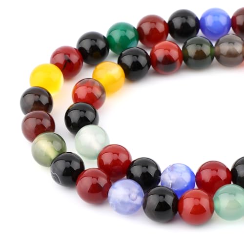 36 Stück natürliche, echte, runde lose Steinperlen, Edelstein-Abstandshalter für Charms, DIY-Schmuckherstellung, 39,4 cm pro Strang, 10 mm (mehrfarbiger Achat, 10 mm) von Generisch