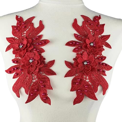 3D-Blumen-Spitzenapplikation, 1 Paar, Stickerei, Blumenstoff, Kragen, Nähen, Spitzenaufnäher für Kostüme, Kleider, Jacken, DIY Handwerk (rot) von Generisch