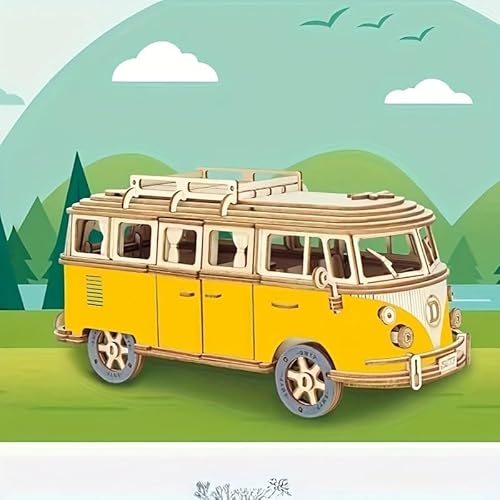 3D Holzpuzzle VW T1 Bus, Camper, Van, Holzbausatz, DIY, Geschenkidee, Geschenk, Puzzle (gelb) von Generisch