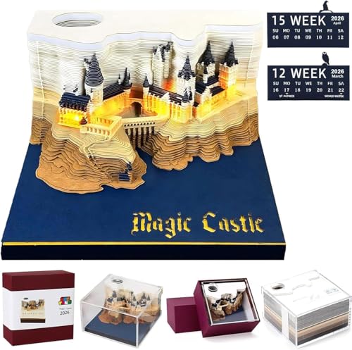 3D-Zeitmess-Kalender, 2026, 3D-Mini-Schreibtischkalender mit LED-Licht, Papierschnitzerei, Kunst, Notizblock, Schreibtisch, 3D-Schlossmodell, Papierkunst mit Displaybox von Generisch