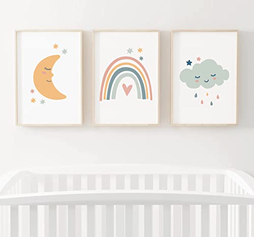 3er Set Poster Kinderzimmer Deko Mädchen Junge - Wanddeko Bilder Babyzimmer - Wandbilder Schlafzimmer Mond Regenbogen Wolke DIN A4 ohne Rahmen von Generisch