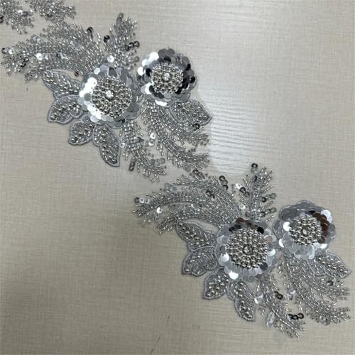 4,5 m Strass-Spitzenbesatz, Applikation, Pailletten-Perlenbesatz, Hochzeitskleid, Dekoration, Silber von Generisch
