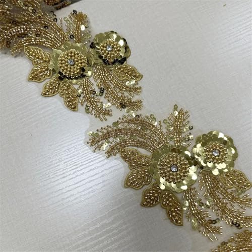 4,5 m Strass-Spitzenbesatz, Applikation, Pailletten-Perlenbesatz, Hochzeitskleid, Dekoration, goldfarben 4,5 m Strass-Spitzenbesatz, Applikation, Pailletten-Perlenbesatz, Hochzeitskleid, Dekoration, goldfarben von Generisch