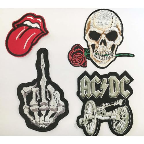 4 Stück Biker Motorrad Rocker Patch Aufbügler Aufnäher - ACDC, Totenkopf, Rolling Stone Zunge, Skelett Aufnäher von Generisch