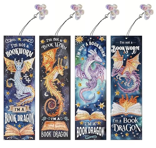 4 Stück Diamant painting Lesezeichen,Diamant-Malerei Lesezeichen Kits für Erwachsene,Diamond Painting Lesezeichen,bastelset,DIY Lesezeichen Bastelset (Drachen) von Generisch