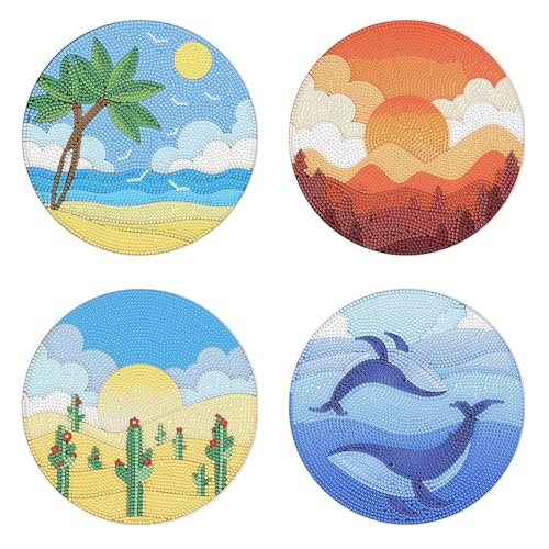 4 Stück Diamond Painting Geschirrmatte Platzset, Holz Wärmedämmungs-Tischset, Anti-Rutsch Diamant Malerei Tischsets Runde mit Aufbewahrungsregal für Esszimmer, Terrasse, Tisch (08-Landschaft) von Generisch