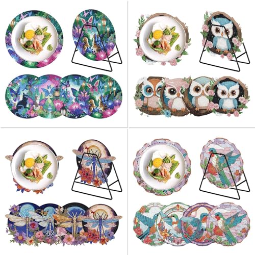 4 Stück Diamond Painting Geschirrmatte Platzset, Holz Wärmedämmungs-Tischset, Anti-Rutsch Diamant Malerei Tischsets Runde mit Aufbewahrungsregal für Esszimmer, Tisch, Küche (16 Stuck-B) von Generisch