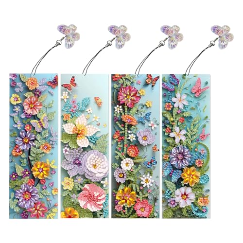 4 Stück Diamond Painting Lesezeichen Set,5D Diamant-Malerei Lesezeichen mit Kristall-Schmetterling Anhänger, Diamond painting Geschenk-Set für Mädchen Schule Kunsthandwerk (Blume) von Generisch