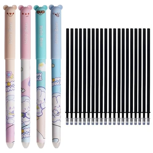 4 Stück Radierbare Gelstifte-Set MIT 20 ERSATZMINEN, Süßes Cartoon-Design mit Radiergummi, Ohne Blattverbrauch, 0,5mm Spitze – Schulsachen für Kinder, Studenten, Schule & Büro (Schwarze Tinte-D) von Generisch