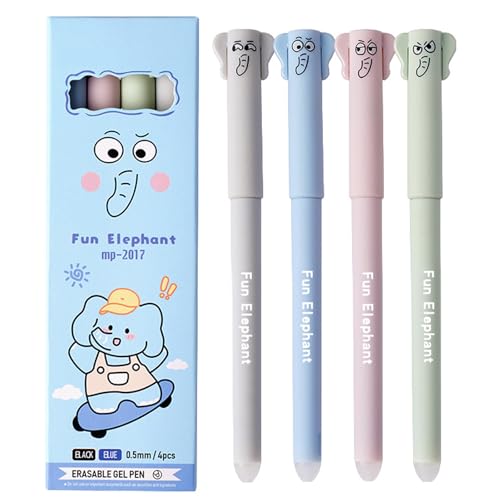 4 Stück Radierbarer Kugelschreiber,Blau Tintenroller Radierbar Gelstiften,0.5mm Radierbare Stifte,temperaturempfindliche Tinte,Tiermotive für Kinder Studenten Schul Bürobedarf (Elefant, Schwarz) von Generisch