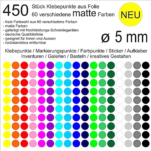 450 Stück Klebepunkte aus Folie matt rund 5mm wetterfest Aufkleber Sticker Decal Inventur Museen Galerien Markierungen Organisieren DIY basteln verzieren Scrapbook (025 Schwefelgelb) von Generisch