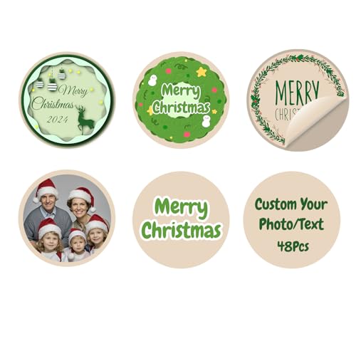 48 Stück Personalisierte Aufkleber mit Foto&Text Aufkleber Weihnachten Aufkleber Selbst Gestalten Weihnachtsaufkleber für Papiertüten Geschenkbox (Kreis) von Generisch